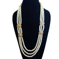 Multilayered White Pearl And Pink Broach Dulha Groom Sherwani Necklace Mala - Gender: Men