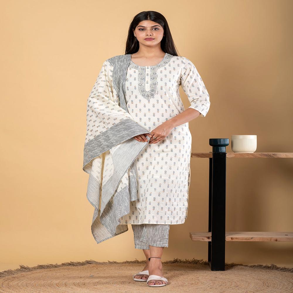 Straight Style Cotton Fabric Cream Color Kurta And Bottom With Dupatta