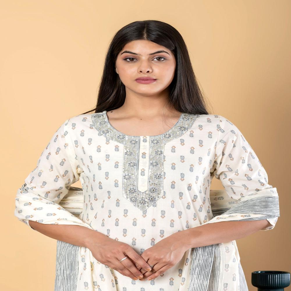 Straight Style Cotton Fabric Cream Color Kurta And Bottom With Dupatta