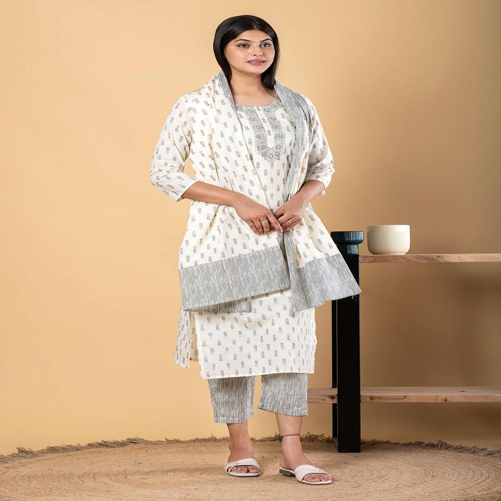 Straight Style Cotton Fabric Cream Color Kurta And Bottom With Dupatta