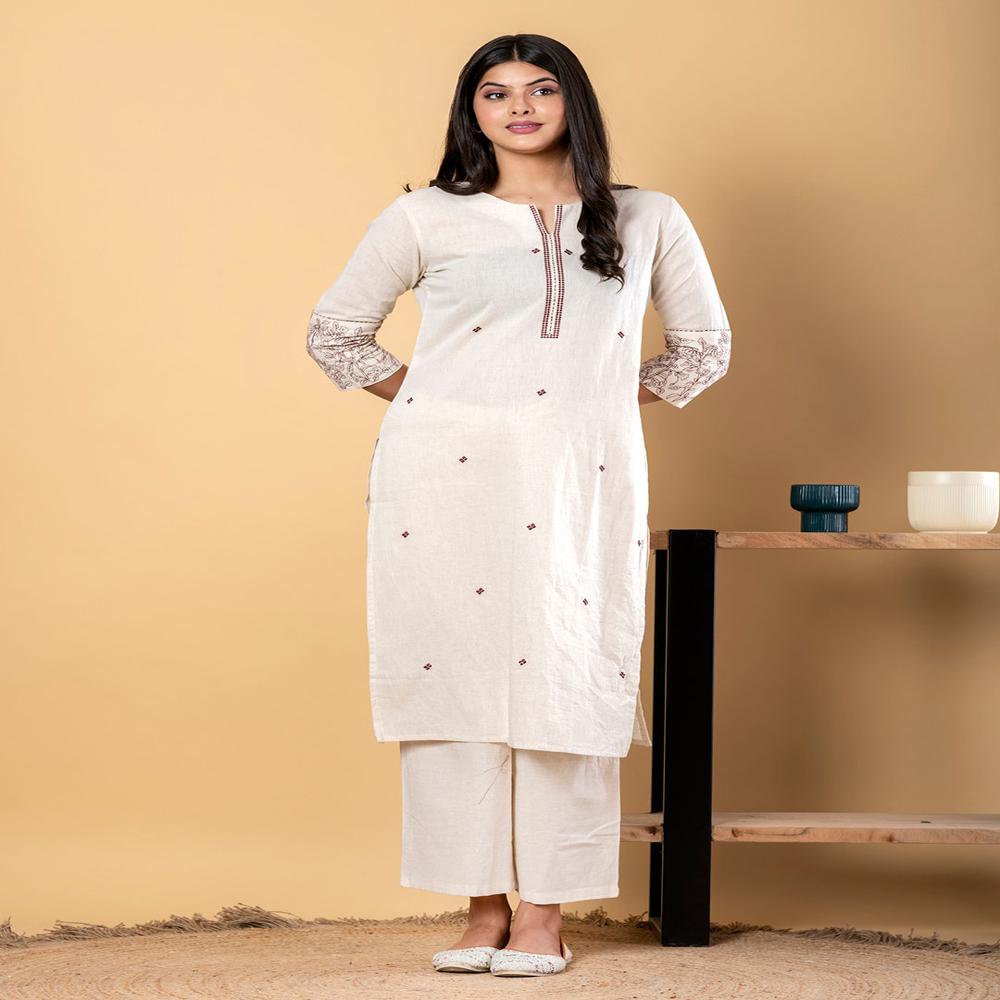 Straight Style Cotton Flex Fabric Off White Color Kurta And Bottom 