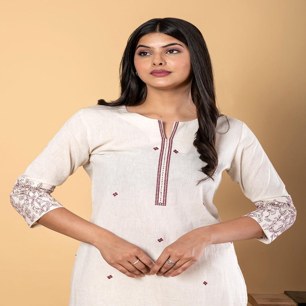 Straight Style Cotton Flex Fabric Off White Color Kurta And Bottom 