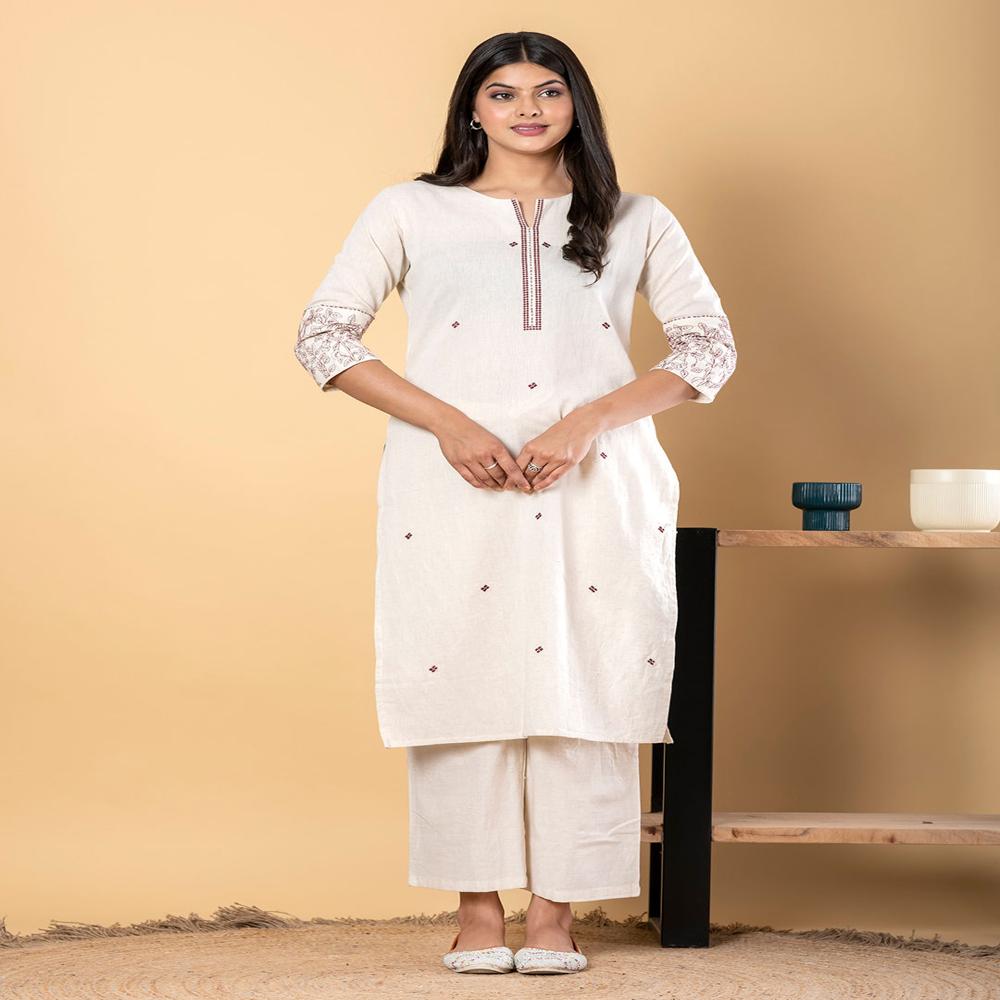 Straight Style Cotton Flex Fabric Off White Color Kurta And Bottom 