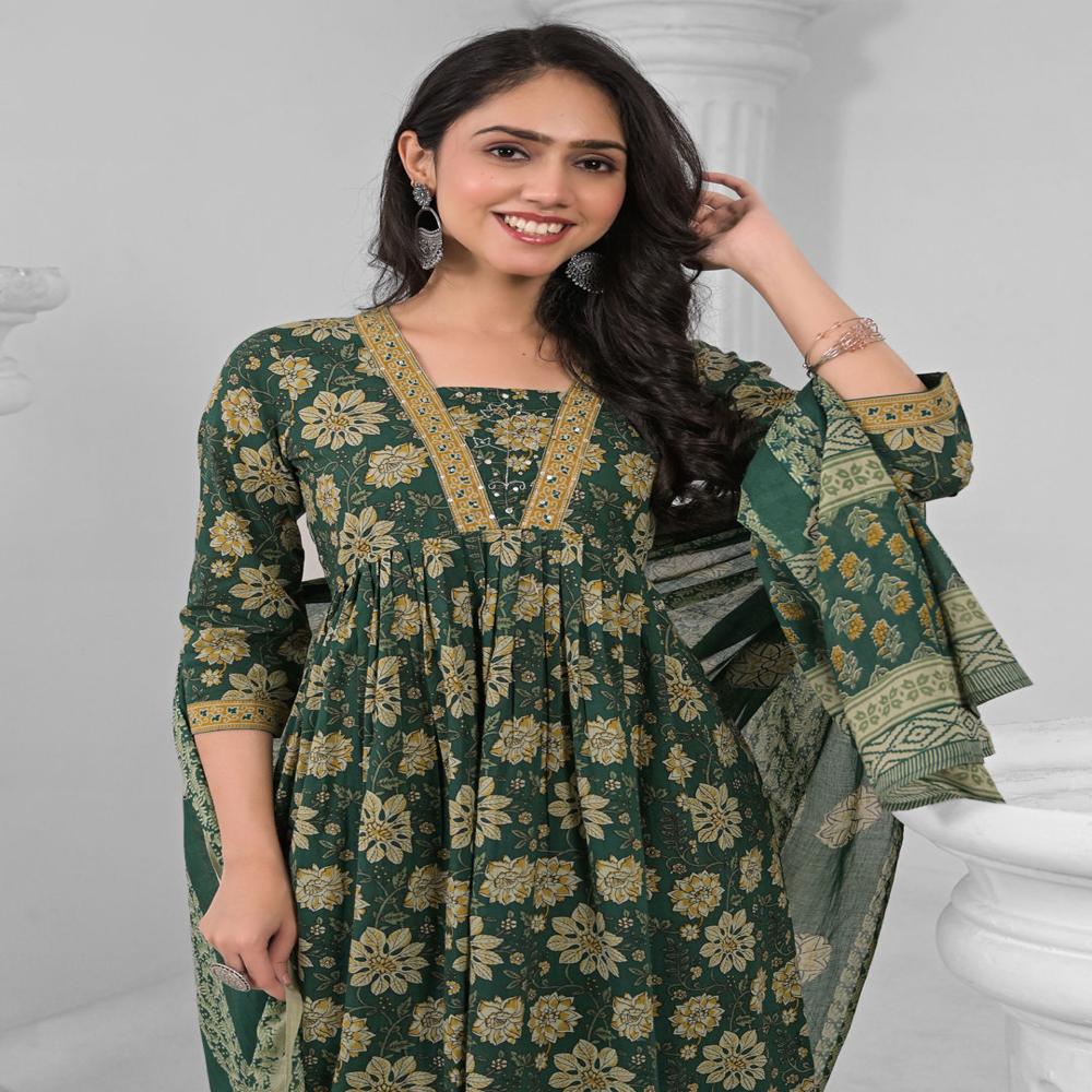 Anarkali Style Cotton Fabric Green Color Kurta And Bottom With Dupatta