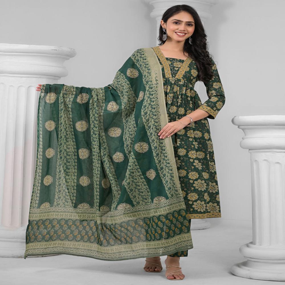 Anarkali Style Cotton Fabric Green Color Kurta And Bottom With Dupatta