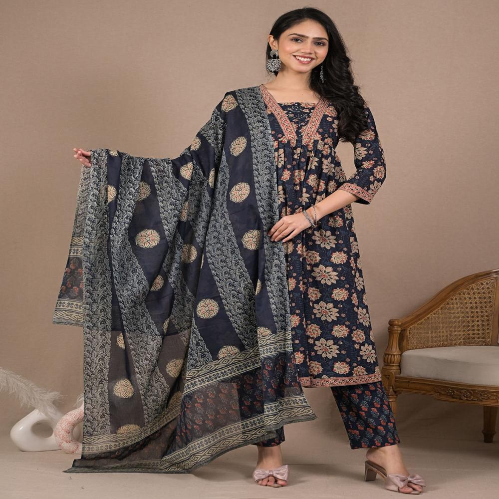Anarkali Style Cotton Fabric Blue Color Kurta And Bottom With Dupatta