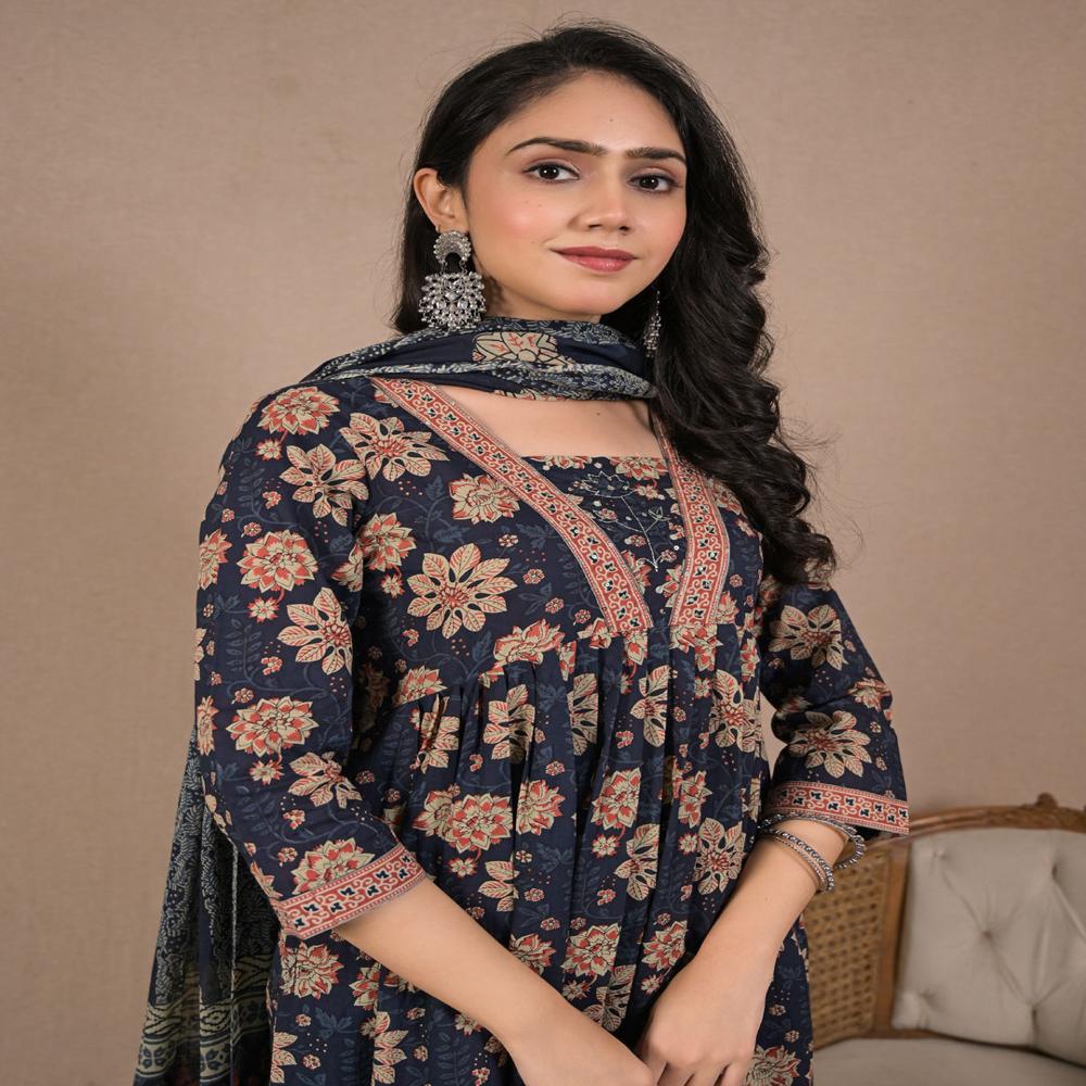 Anarkali Style Cotton Fabric Blue Color Kurta And Bottom With Dupatta