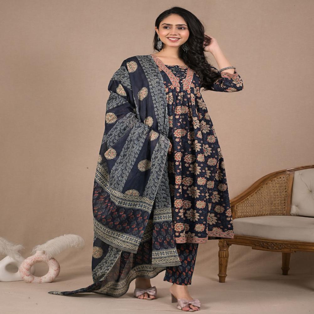 Anarkali Style Cotton Fabric Blue Color Kurta And Bottom With Dupatta