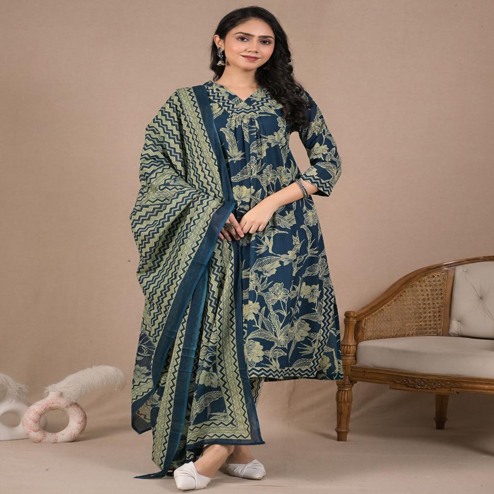 A Line Style Cotton Fabric Teal Color Kurta And Bottom With Dupatta