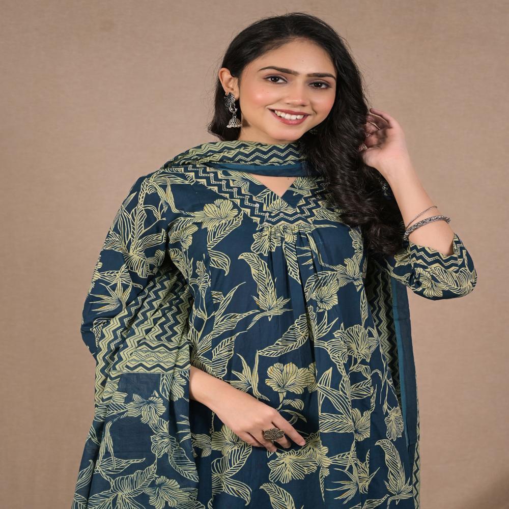 A Line Style Cotton Fabric Teal Color Kurta And Bottom With Dupatta