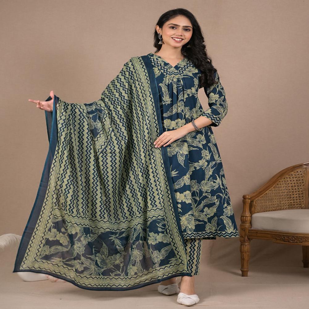 A Line Style Cotton Fabric Teal Color Kurta And Bottom With Dupatta