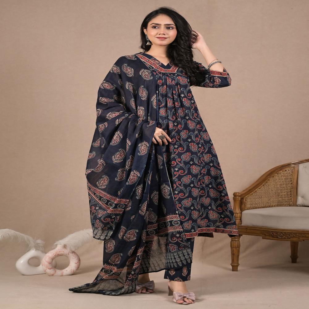 A Line Style Cotton Fabric Blue Color Kurta And Bottom With Dupatta