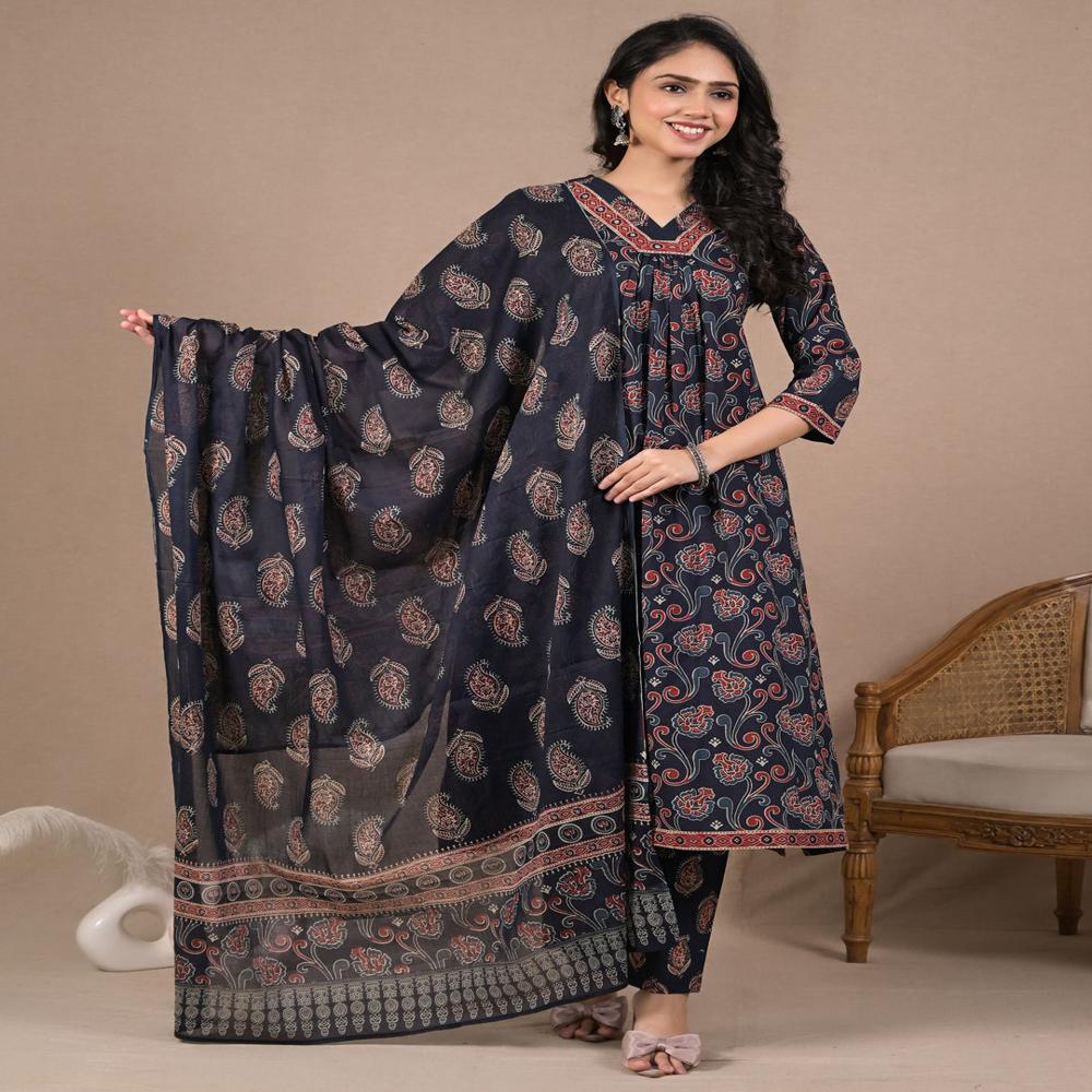 A Line Style Cotton Fabric Blue Color Kurta And Bottom With Dupatta