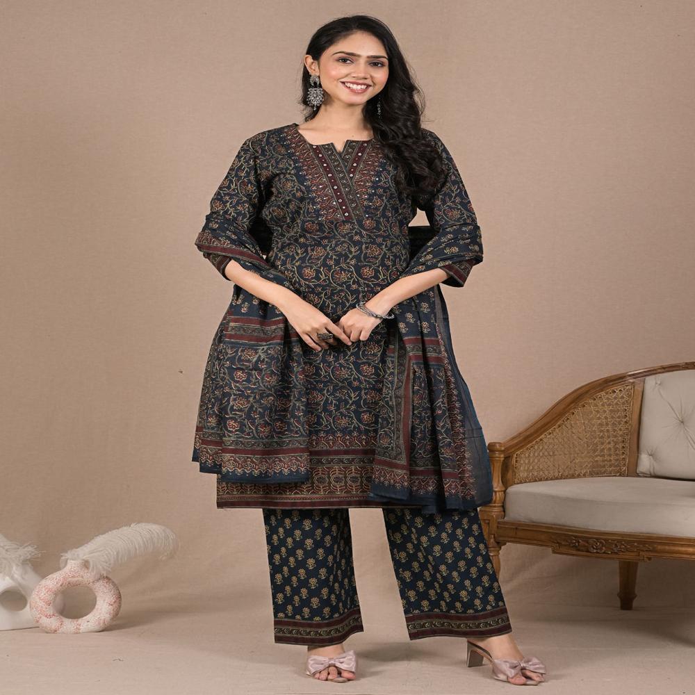 Straight Style Cotton Fabric Blue Color Kurta And Bottom With Dupatta