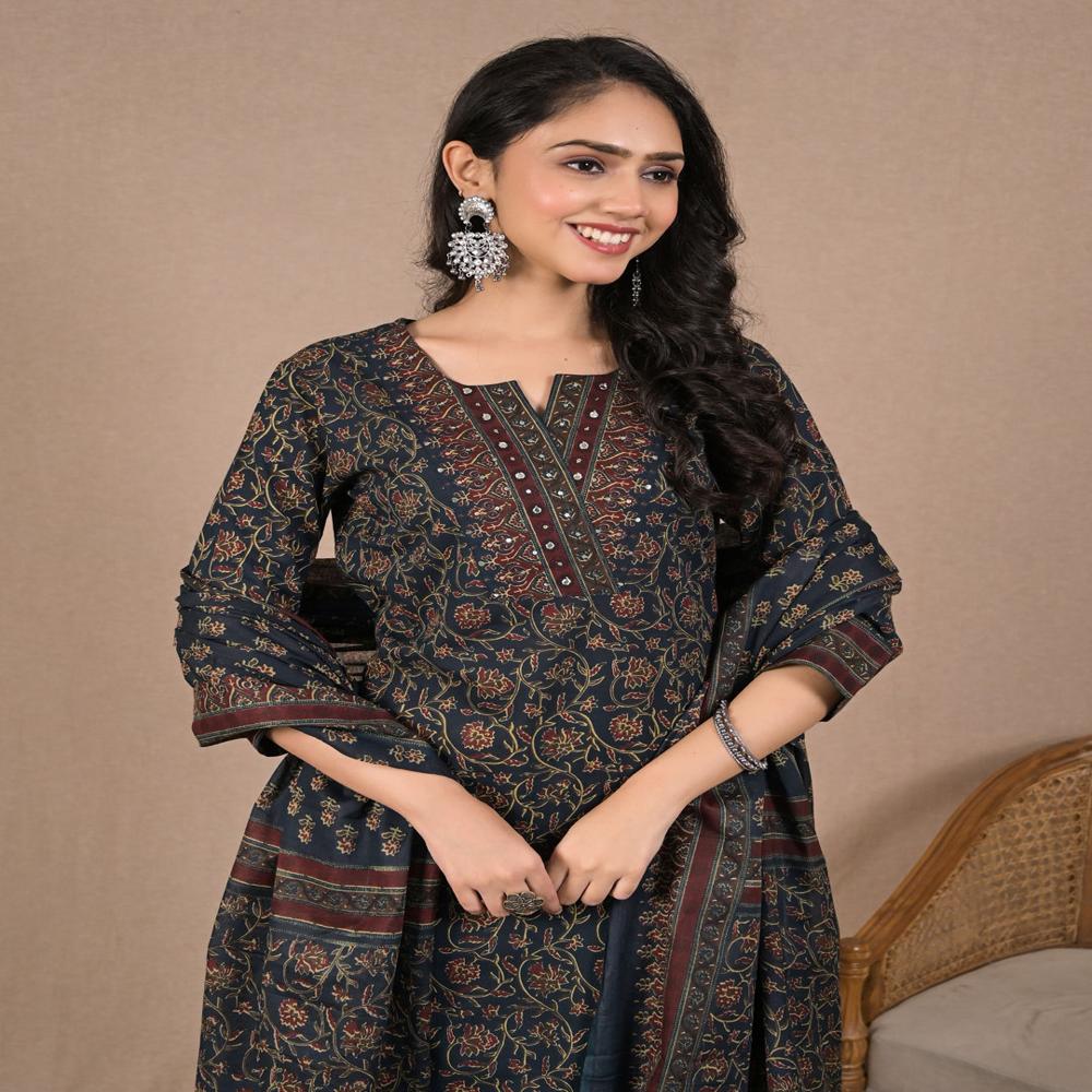 Straight Style Cotton Fabric Blue Color Kurta And Bottom With Dupatta