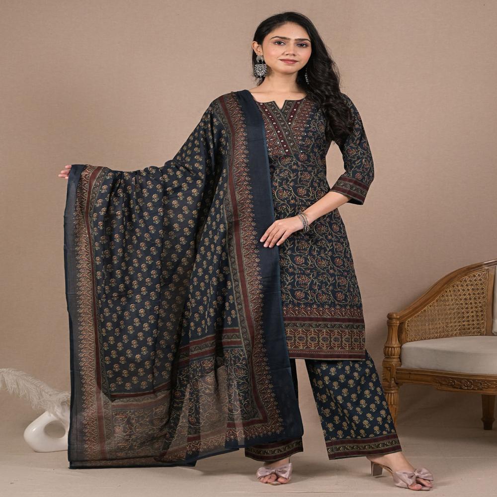 Straight Style Cotton Fabric Blue Color Kurta And Bottom With Dupatta