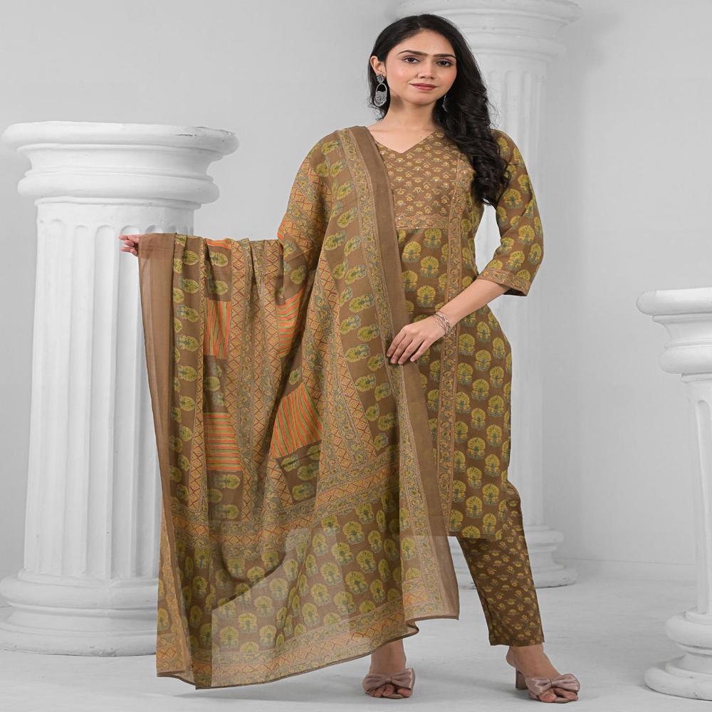 Straight Style Cotton Fabric Mustard Color Kurta And Bottom With Dupatta