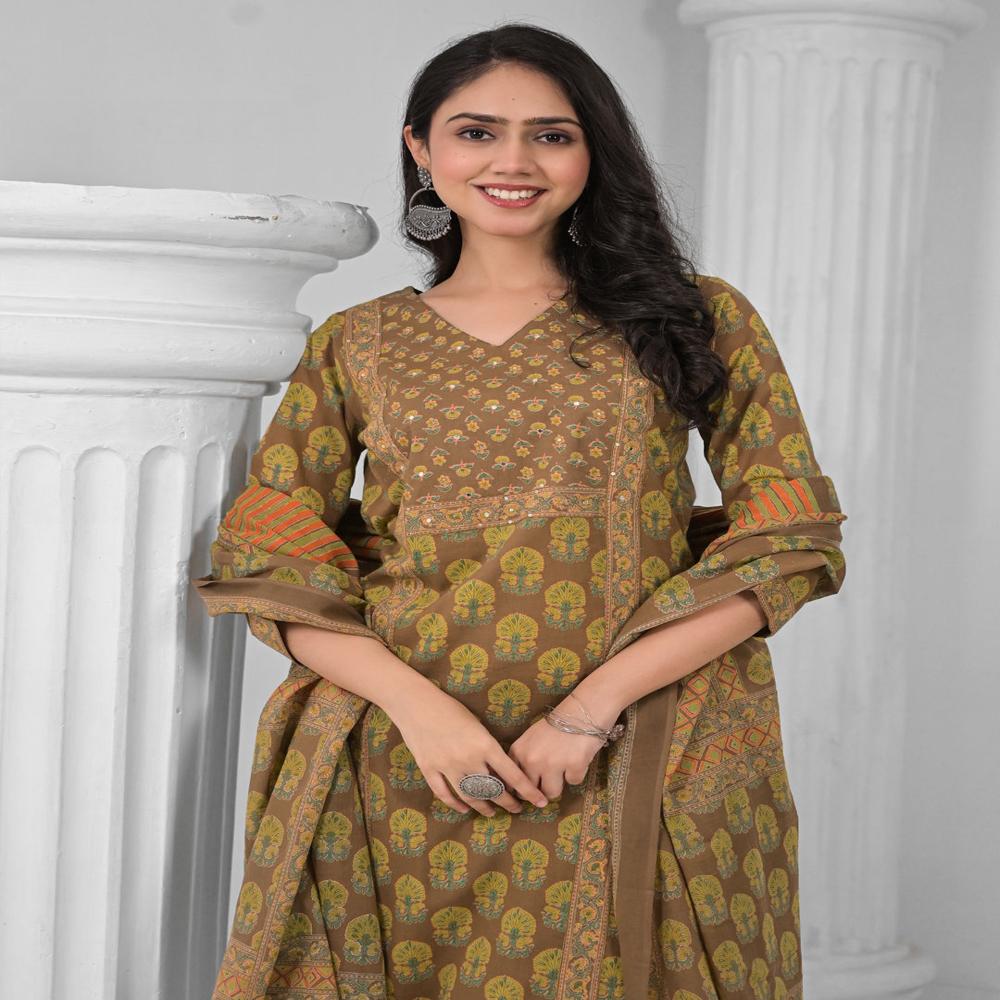 Straight Style Cotton Fabric Mustard Color Kurta And Bottom With Dupatta