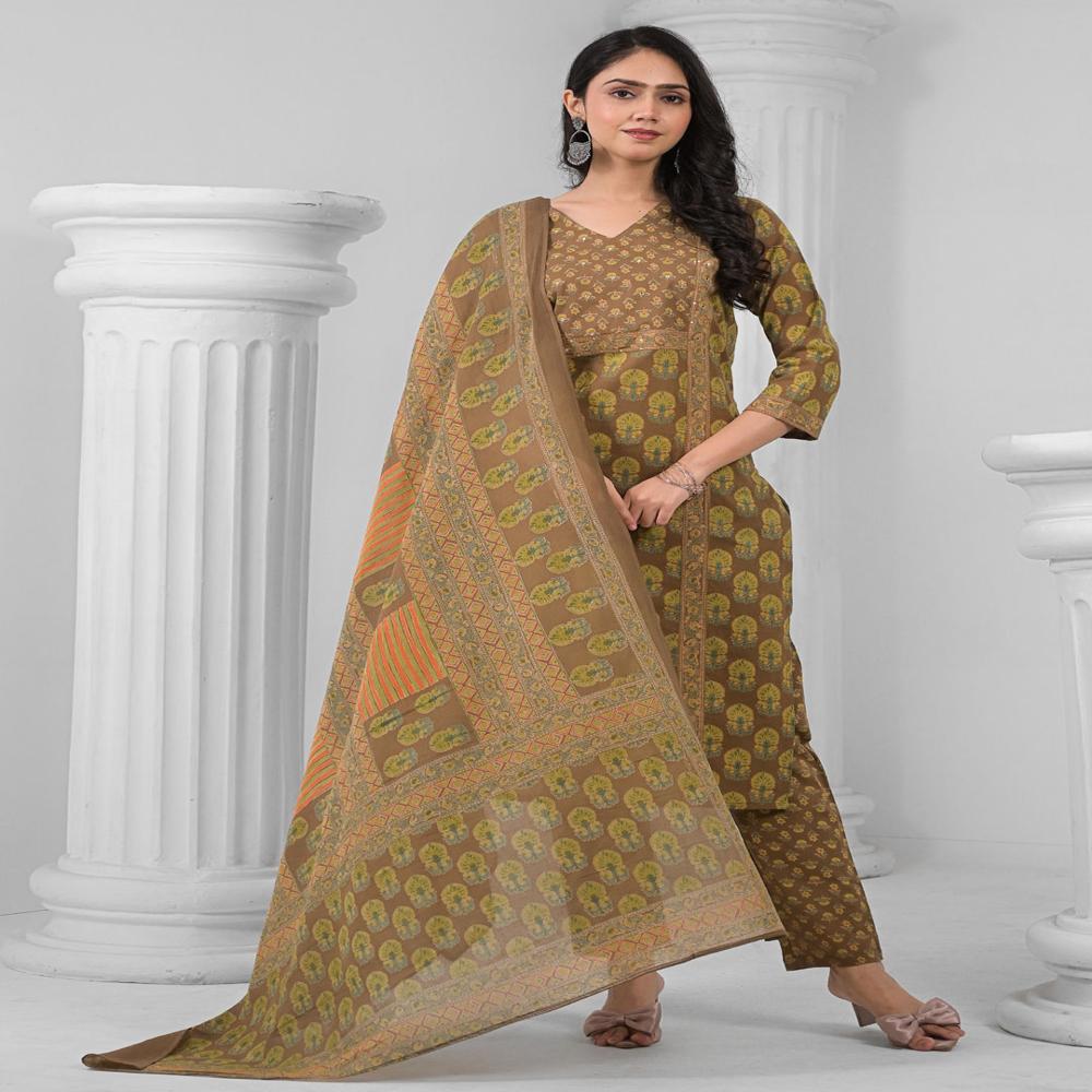 Straight Style Cotton Fabric Mustard Color Kurta And Bottom With Dupatta