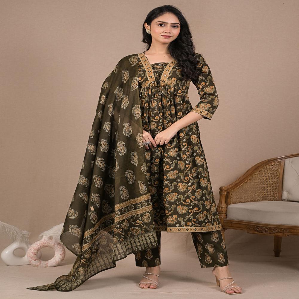 Anarkali Style Cotton Fabric Green Color Kurta And Bottom With Dupatta