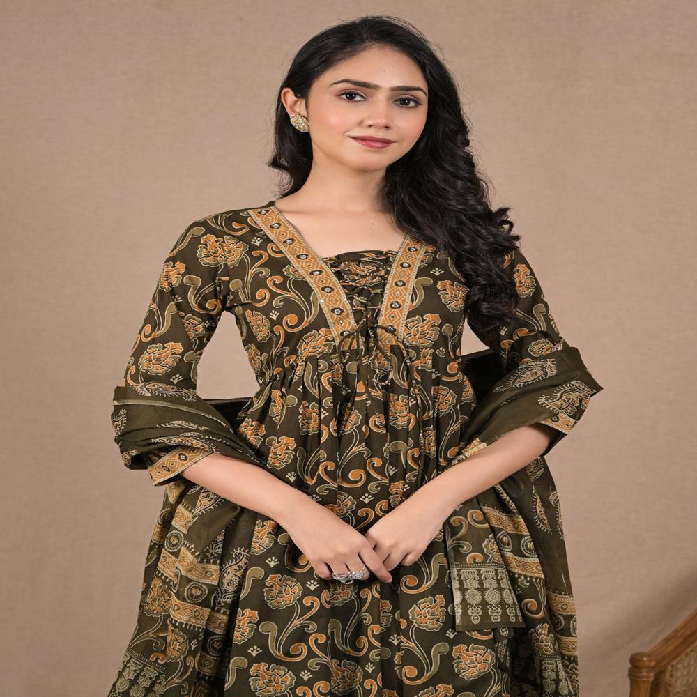 Anarkali Style Cotton Fabric Green Color Kurta And Bottom With Dupatta