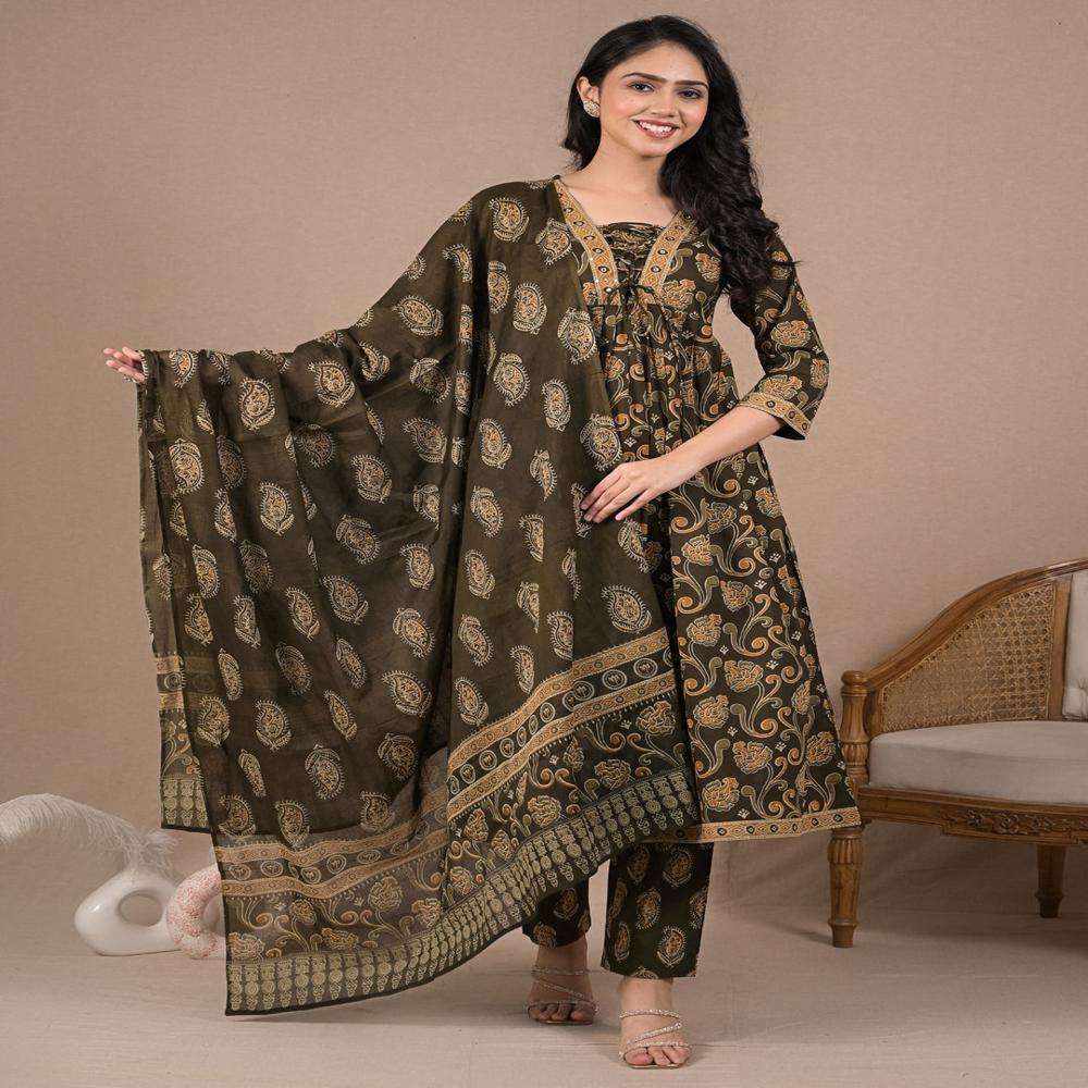 Anarkali Style Cotton Fabric Green Color Kurta And Bottom With Dupatta
