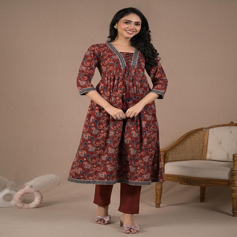 Anarkali Style Cotton Fabric Maroon Color Kurta And Bottom With Dupatta