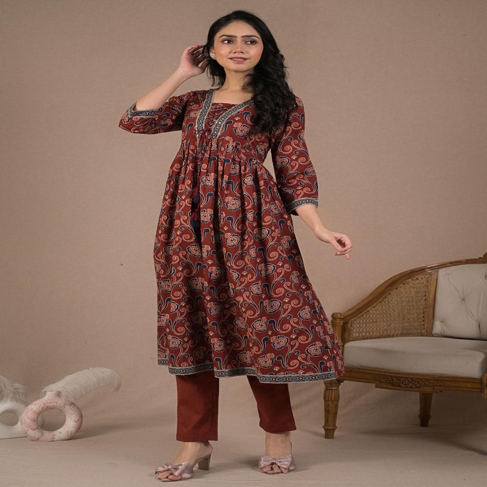 Anarkali Style Cotton Fabric Maroon Color Kurta And Bottom With Dupatta