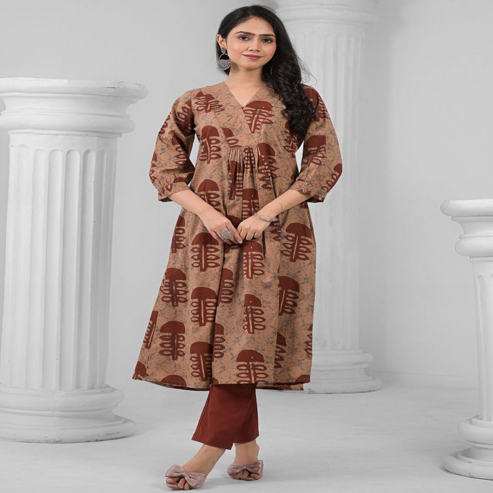 Anarkali Style Cotton Fabric Brown Color Kurta And Bottom 