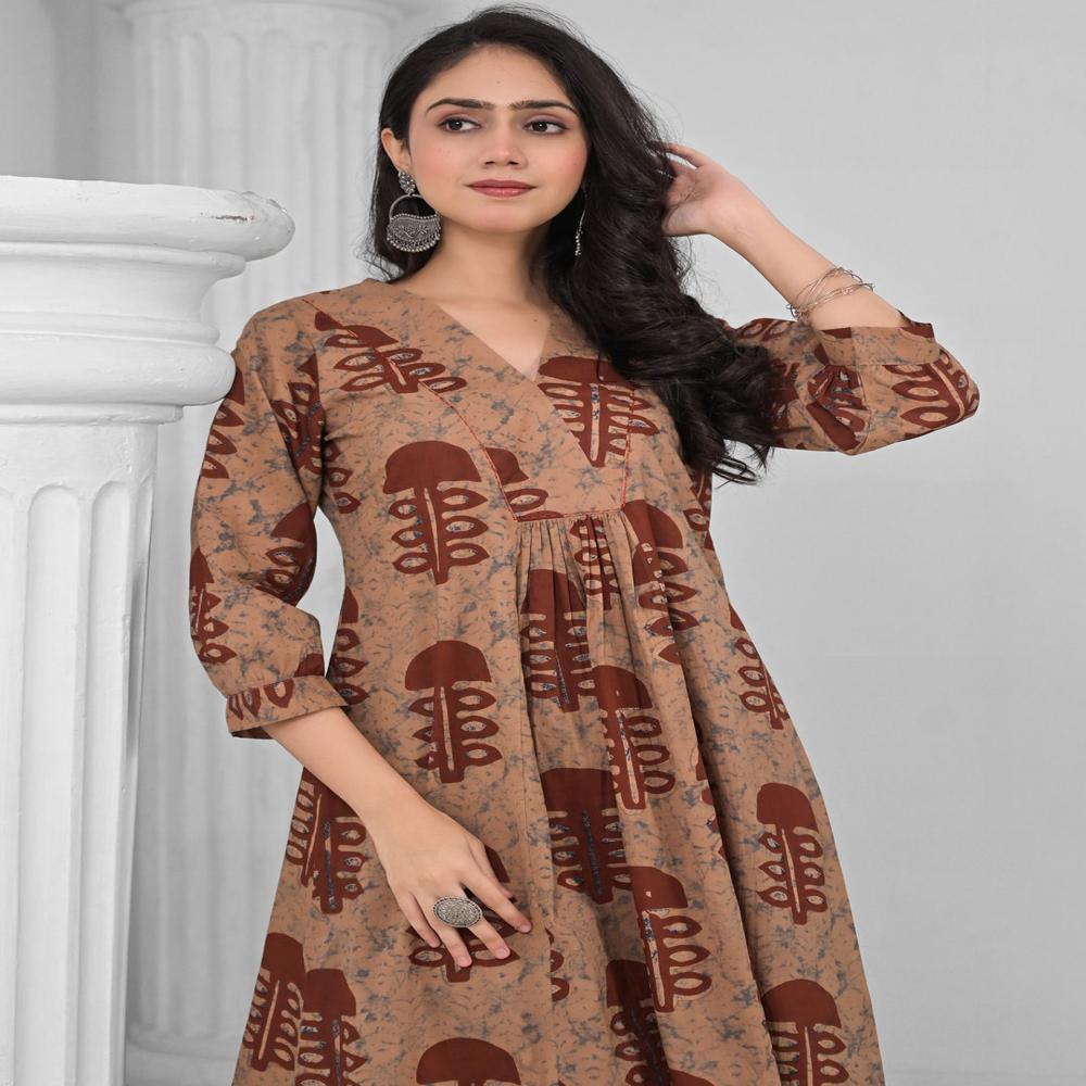 Anarkali Style Cotton Fabric Brown Color Kurta And Bottom 