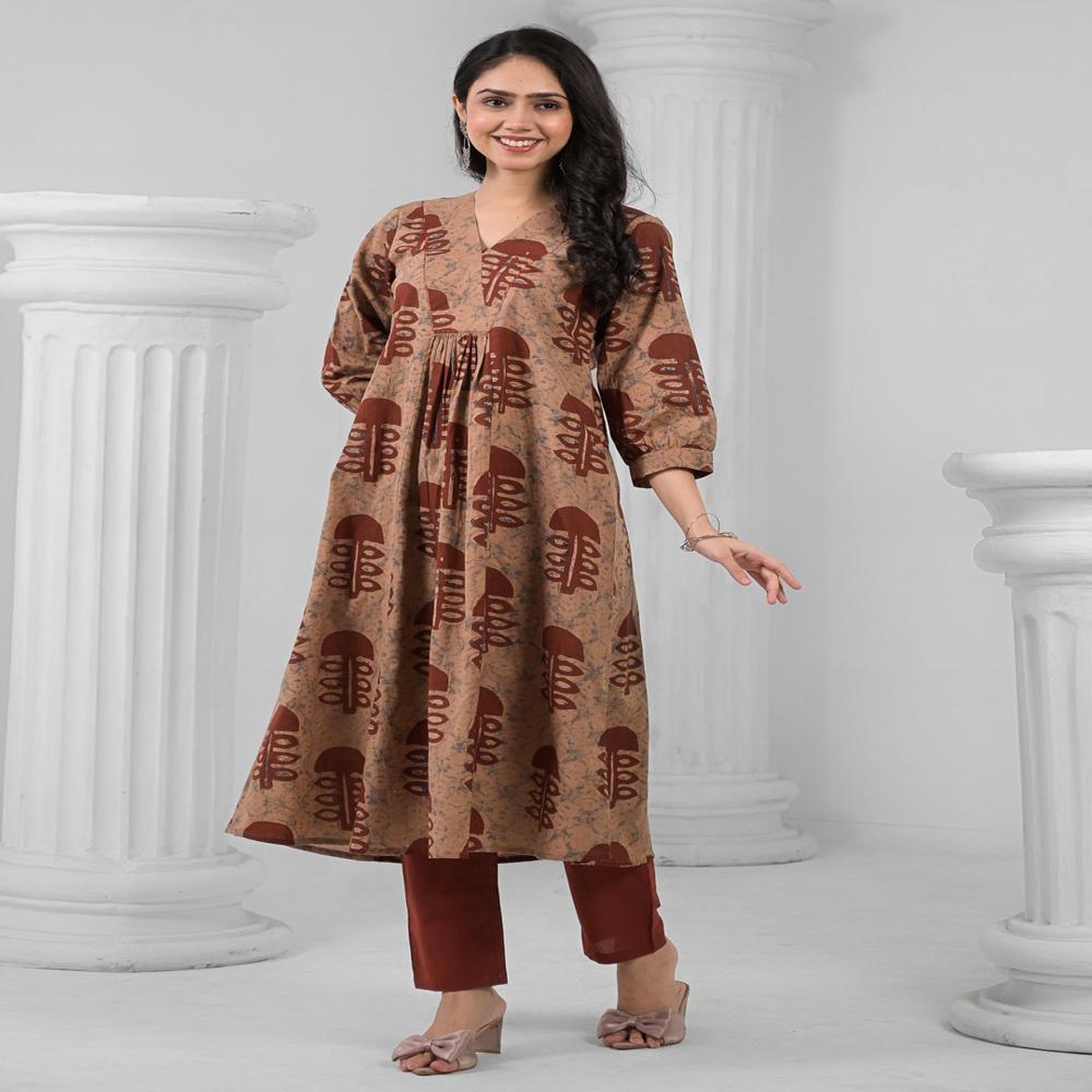 Anarkali Style Cotton Fabric Brown Color Kurta And Bottom 