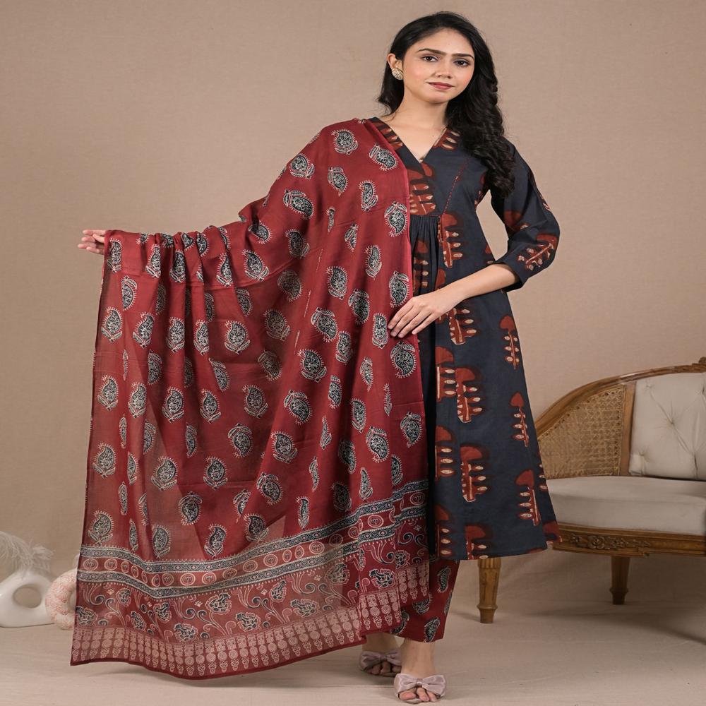 Anarkali Style Cotton Fabric Grey Color Kurta And Bottom With Dupatta