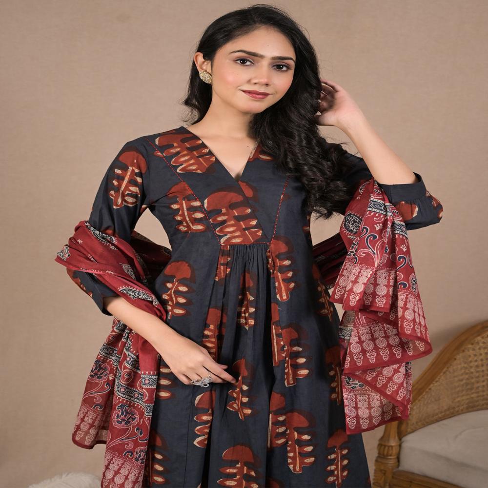 Anarkali Style Cotton Fabric Grey Color Kurta And Bottom With Dupatta