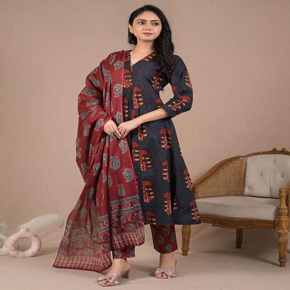 Anarkali Style Cotton Fabric Grey Color Kurta And Bottom With Dupatta