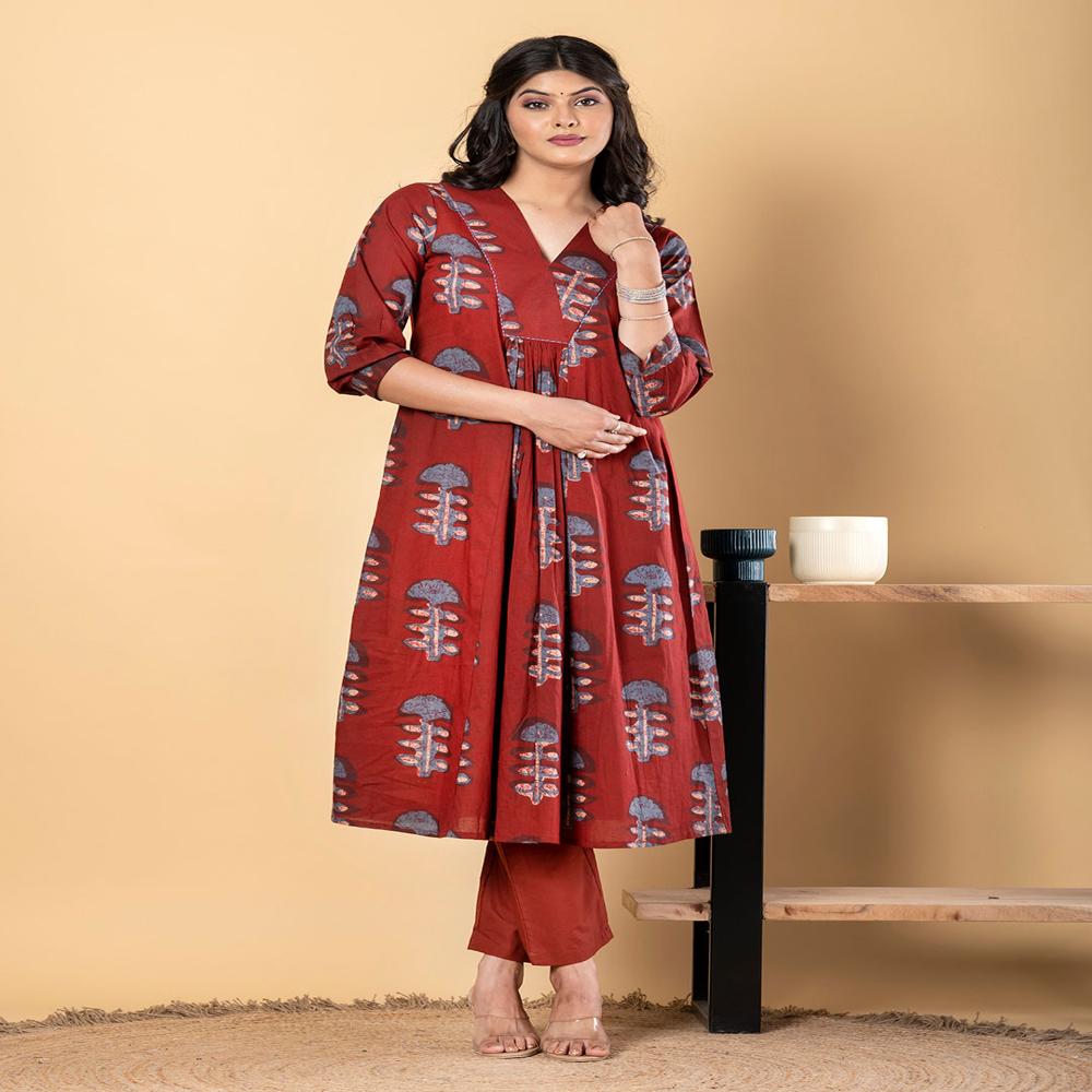 Anarkali Style Cotton Fabric Maroon Color Kurta And Bottom 