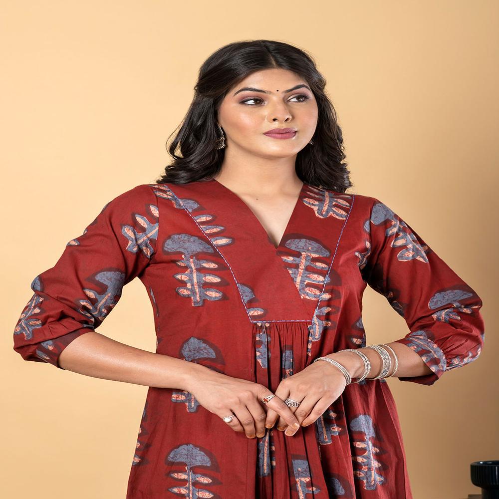 Anarkali Style Cotton Fabric Maroon Color Kurta And Bottom 