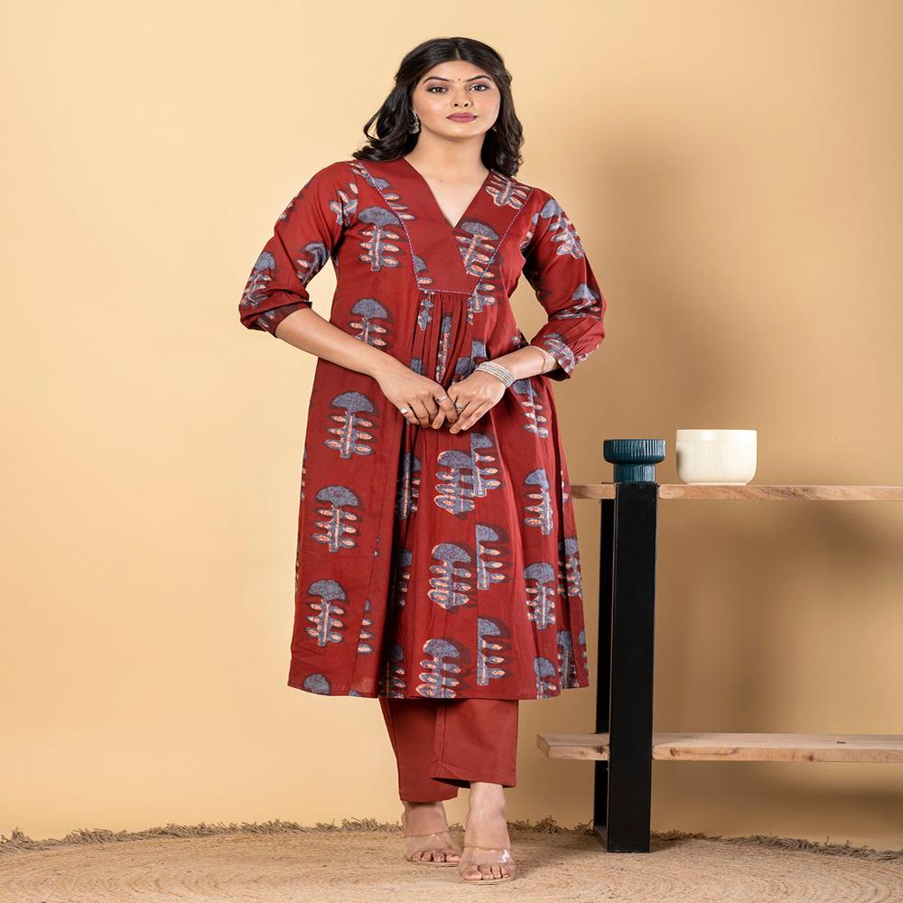 Anarkali Style Cotton Fabric Maroon Color Kurta And Bottom 