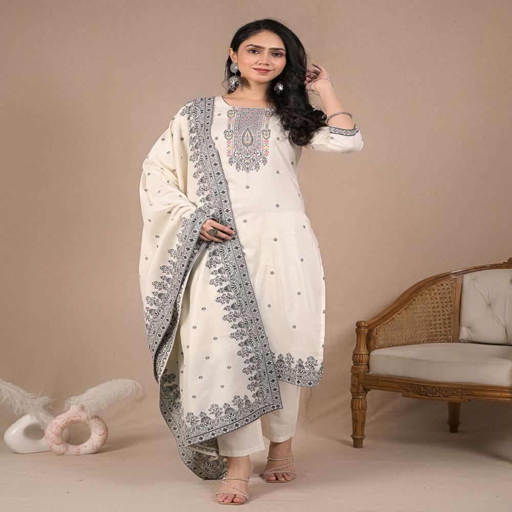 Straight Style Cotton Fabric White Color Kurta And Bottom With Dupatta