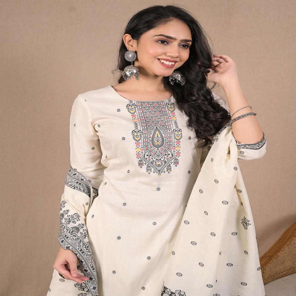 Straight Style Cotton Fabric White Color Kurta And Bottom With Dupatta
