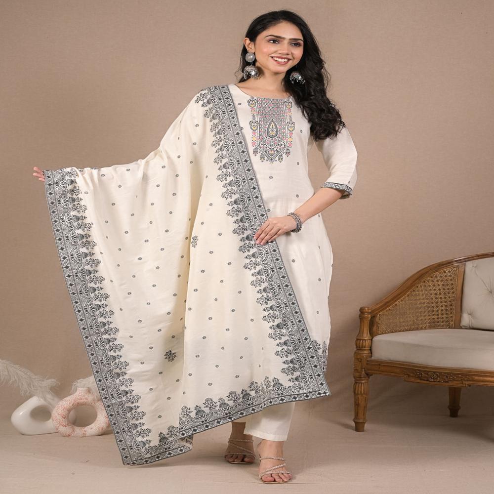 Straight Style Cotton Fabric White Color Kurta And Bottom With Dupatta