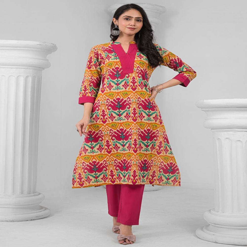 Straight Style Cotton Fabric Pink Color Kurta And Bottom 