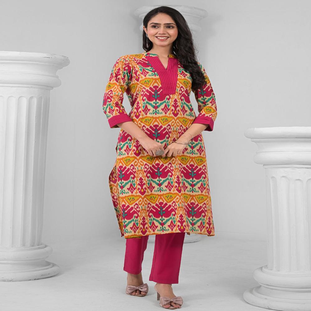 Straight Style Cotton Fabric Pink Color Kurta And Bottom 