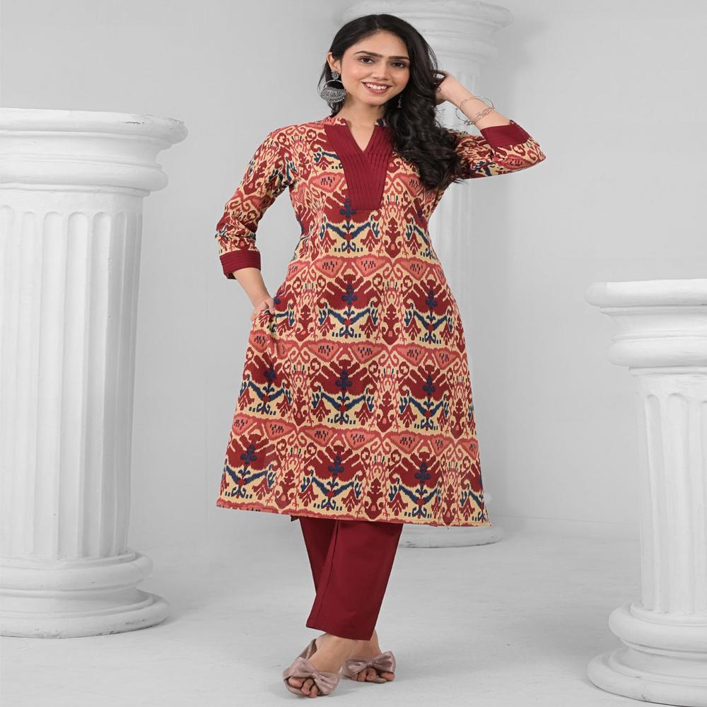 Straight Style Cotton Fabric Maroon Color Kurta And Bottom 