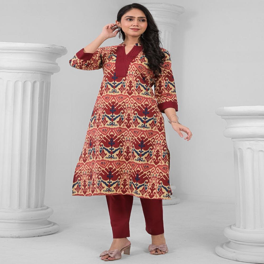 Straight Style Cotton Fabric Maroon Color Kurta And Bottom 