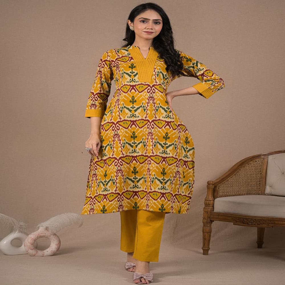 Straight Style Cotton Fabric Mustard Color Kurta And Bottom 