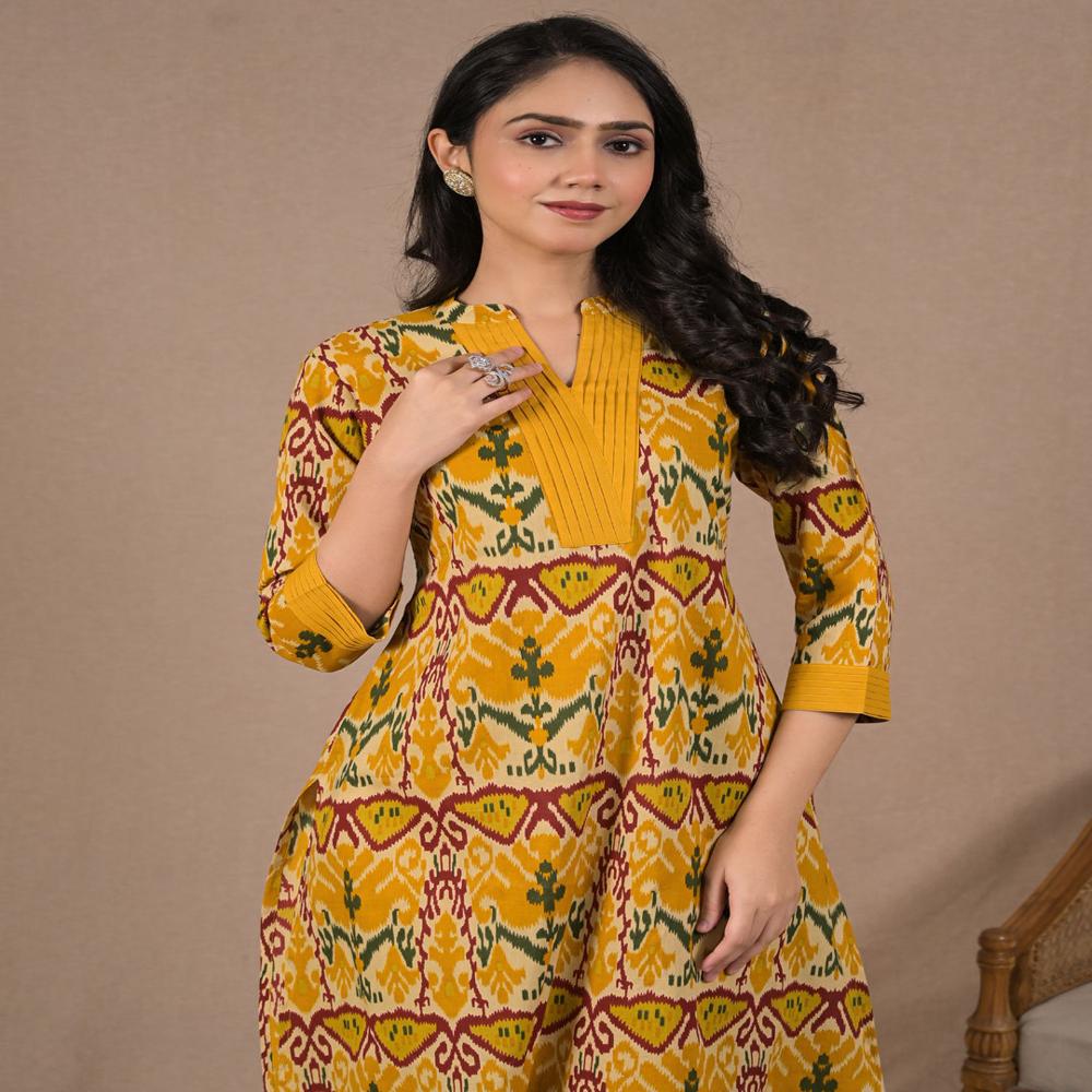 Straight Style Cotton Fabric Mustard Color Kurta And Bottom 