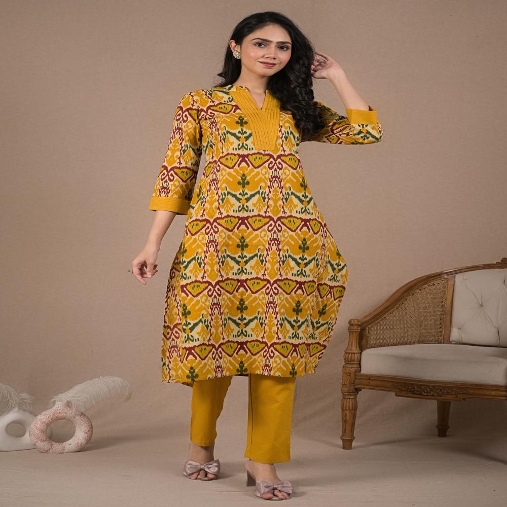 Straight Style Cotton Fabric Mustard Color Kurta And Bottom 