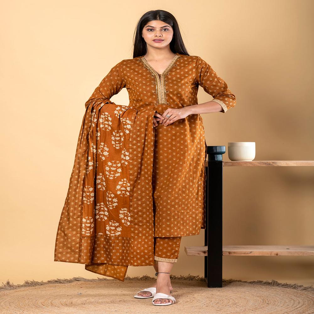 Straight Style Cotton Fabric Camel Brown Color Kurta And Bottom With Dupatta