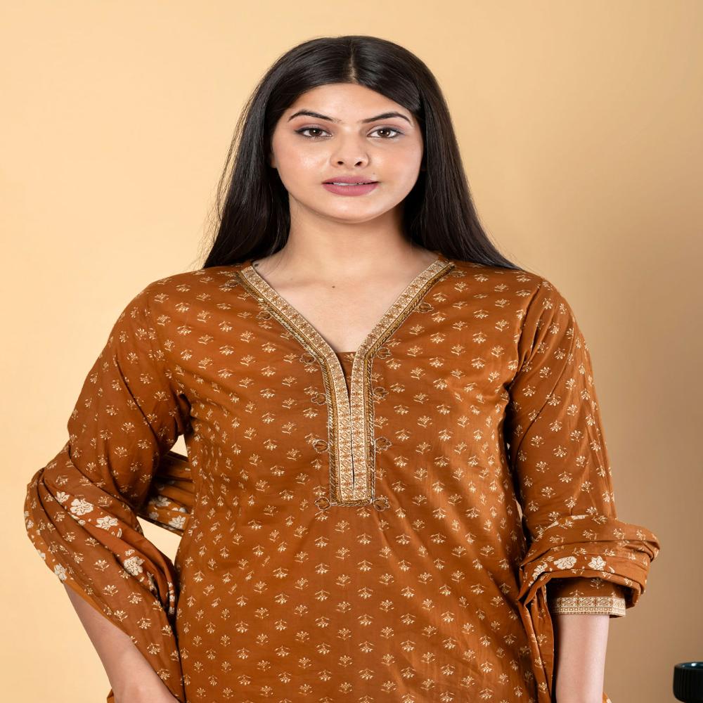 Straight Style Cotton Fabric Camel Brown Color Kurta And Bottom With Dupatta