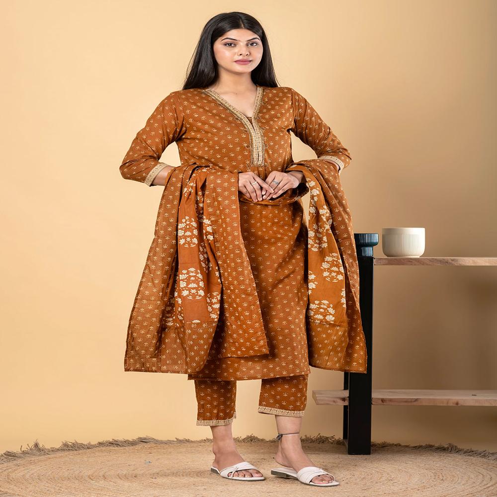 Straight Style Cotton Fabric Camel Brown Color Kurta And Bottom With Dupatta
